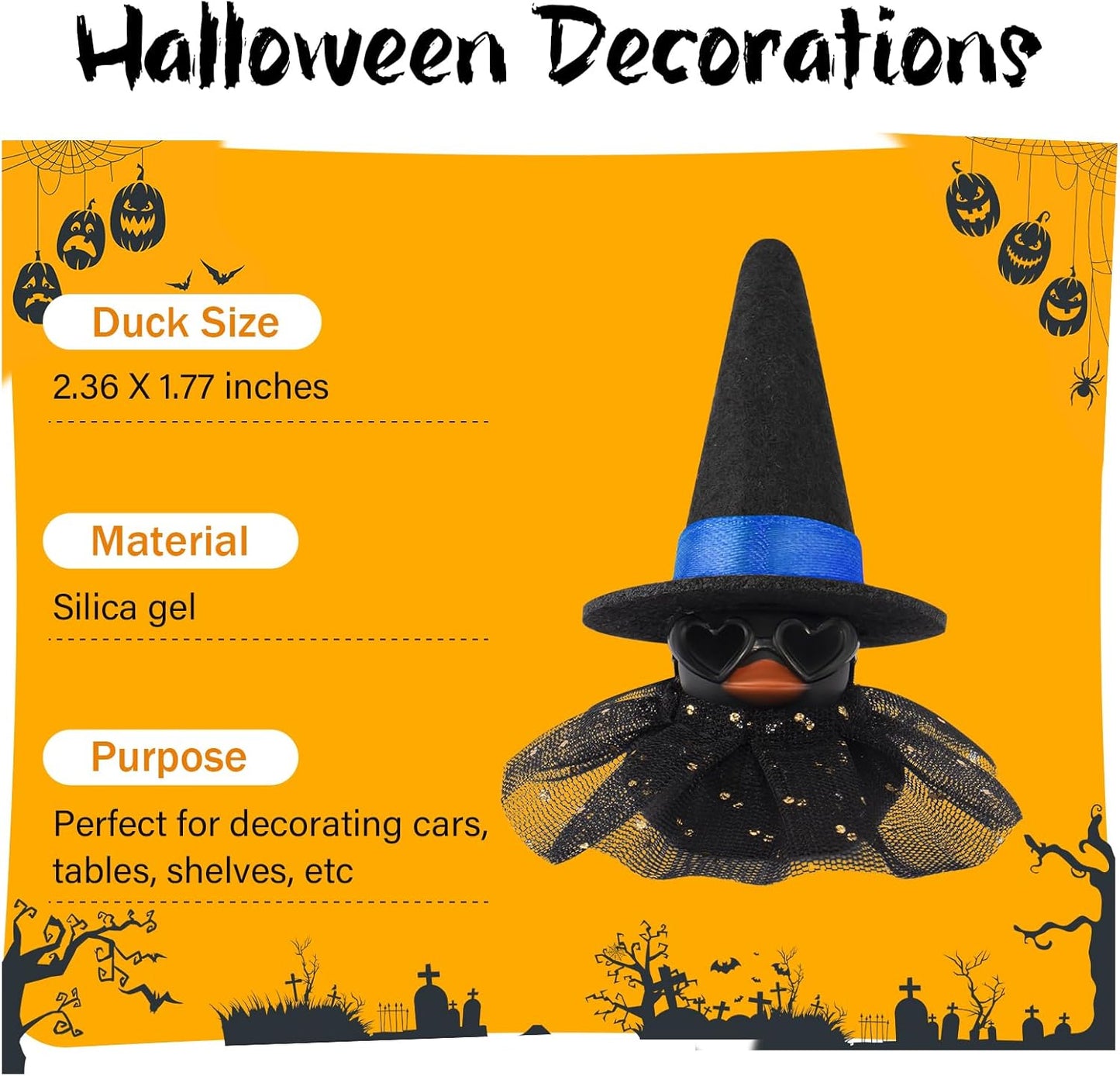 wonuu Car Dashboard Witch Black Rubber Ducks for Halloween, Decorations Duck for Office Desk Ornament Accessories with Hat Glasses Skirt, Blue