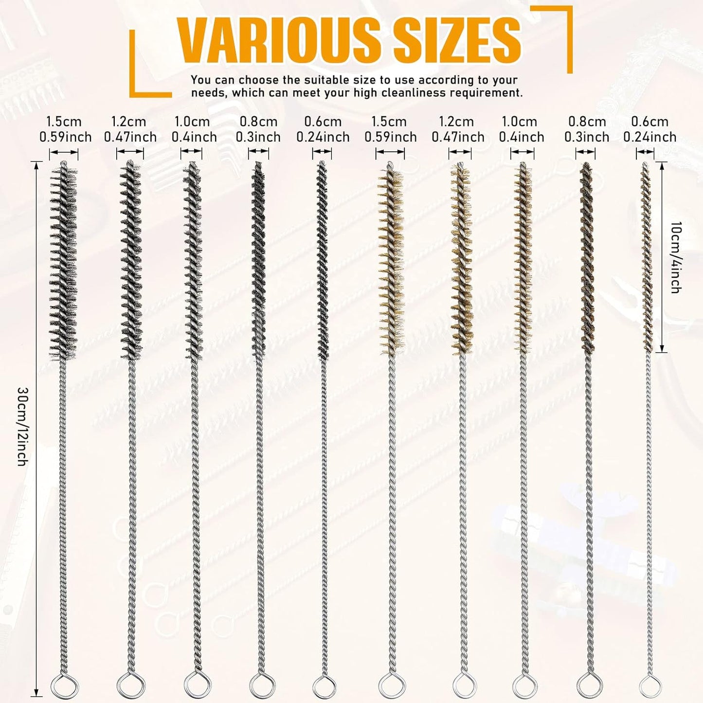 Wire Tube Brushes Bulk for Cleaning Pipe Tube Brass Stainless Steel Round Wire Brush for Auto Parts Christmas, Bottles, Tubes, 5 Sizes(10 Pieces)