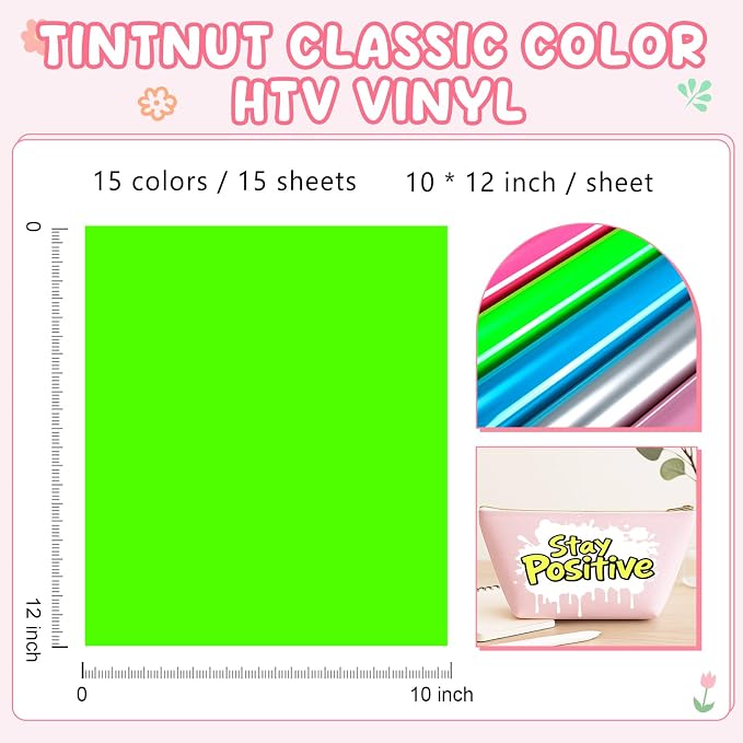 Tintnut Classic Color Heat Transfer Vinyl, 15 Sheets 12"x10" Iron on Vinyl |