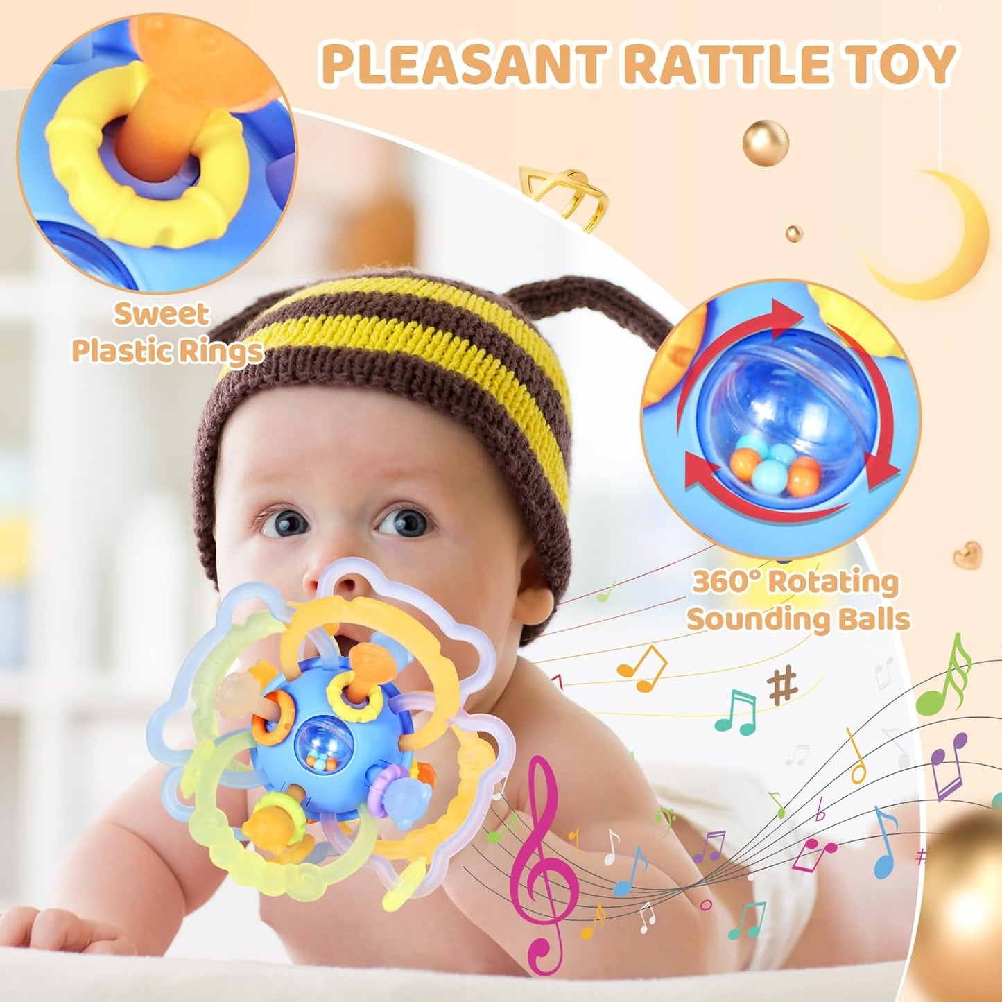 Orzbow Sensory Teething Toys for Babies, Montessori Toys 3-18 Months, Infant Teethers Relief, Silicone Baby Rattle, BPA Free, Blue