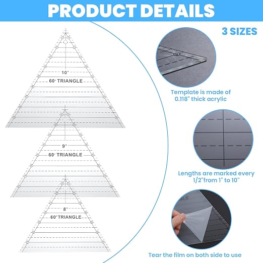 3 Pcs 60 Degree Triangle Ruler for Quilting, 10 Inch Acrylic Template Ruler