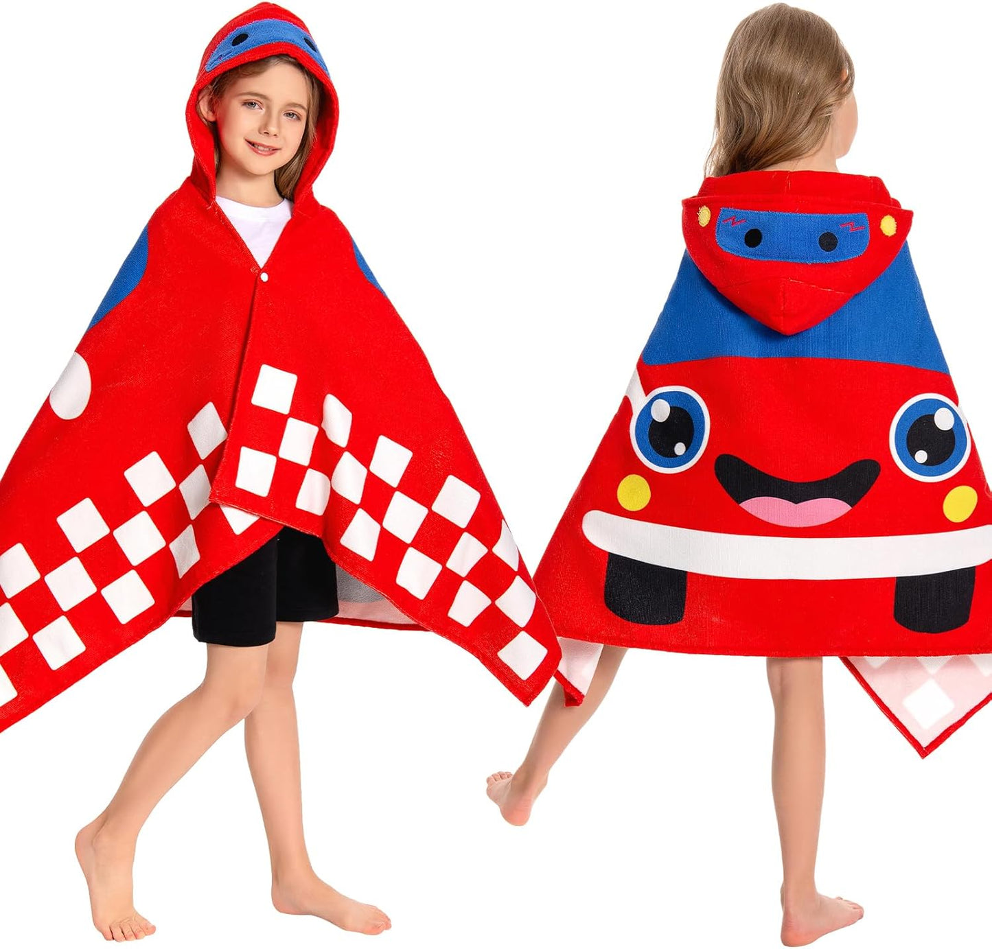OLAOLA Car Hooded Towel for Kids 3-12 Years, 28" x 53" Soft Thick Absorbent Beach Towels, Toddler Bath Towel Wrap Swim Pool Towels Poncho for Boys Girls