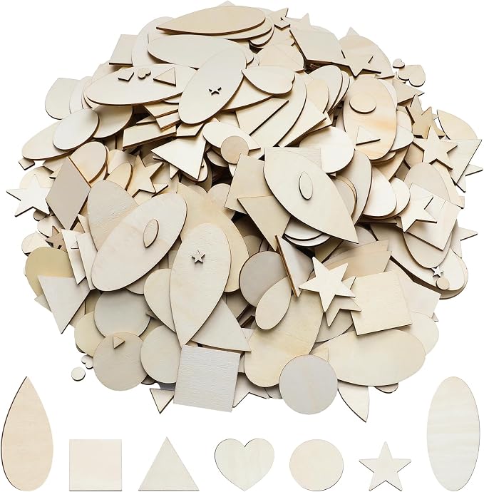 Gerrii 1000 Pcs Natural Wood Shapes Assortment Blank Wooden Craft Shapes Bulk