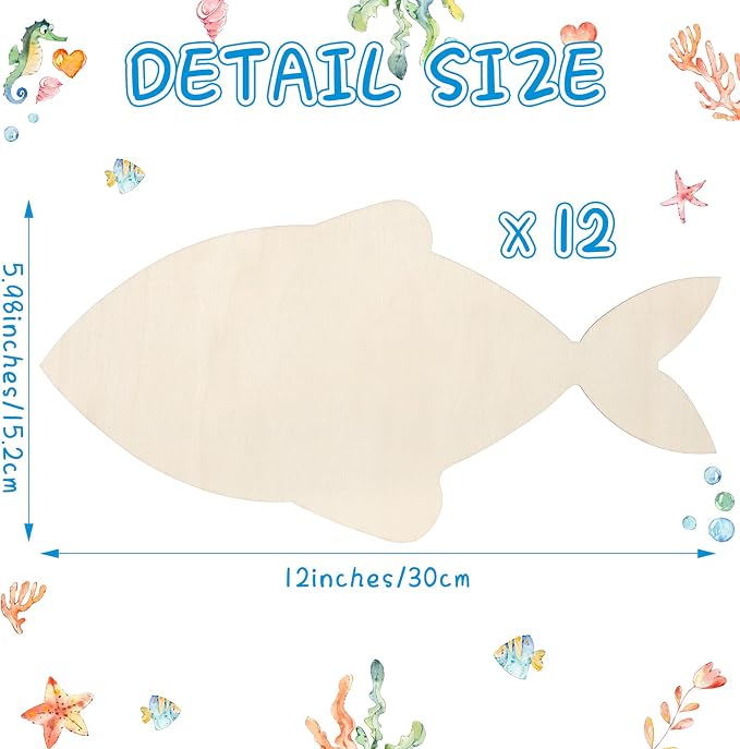 Anglechic 12 Pack 12 Inch Fish Craft Blank Fish Cutout Unfinished Wood Fishes