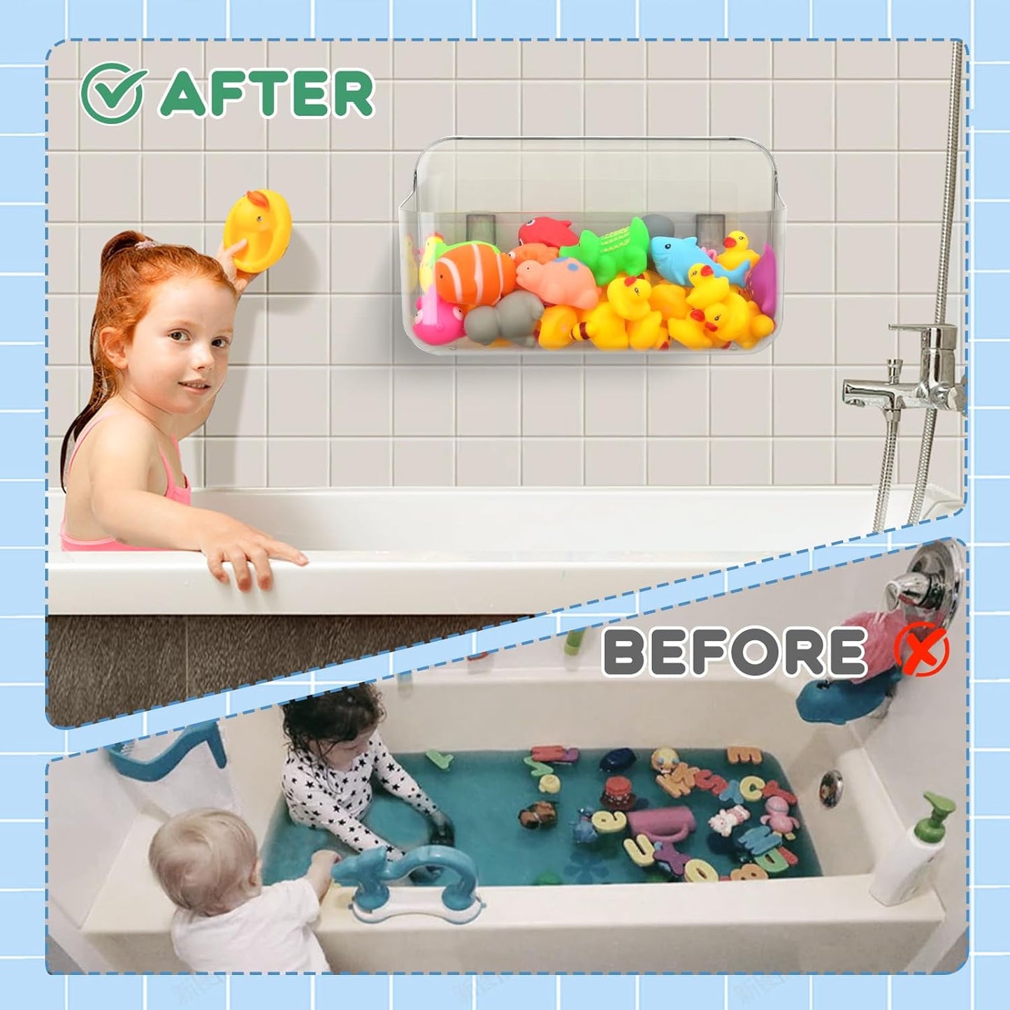 Bath Toy Storage Holder for Bathtub 1pcs, Large Capacity Clear Bath Toy Holder,Staple Free Sticky Bath Toy Organizer,Suitable for Bathroom Toy Organisation and Storage