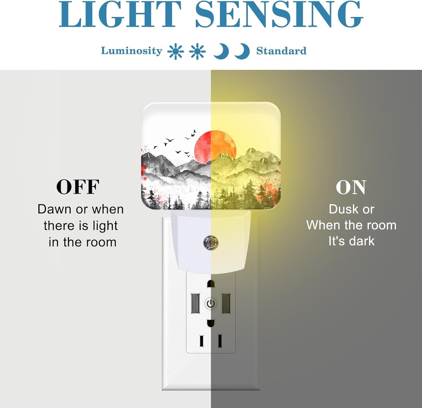 Mountains and Red Sun Night Light Ink Painting Nightlight Plug into Wall with Dusk to Dawn Sensor for Kid Girls Boys Women Men Room, Hallway, Kitchen, Bathroom, Stairs Decor