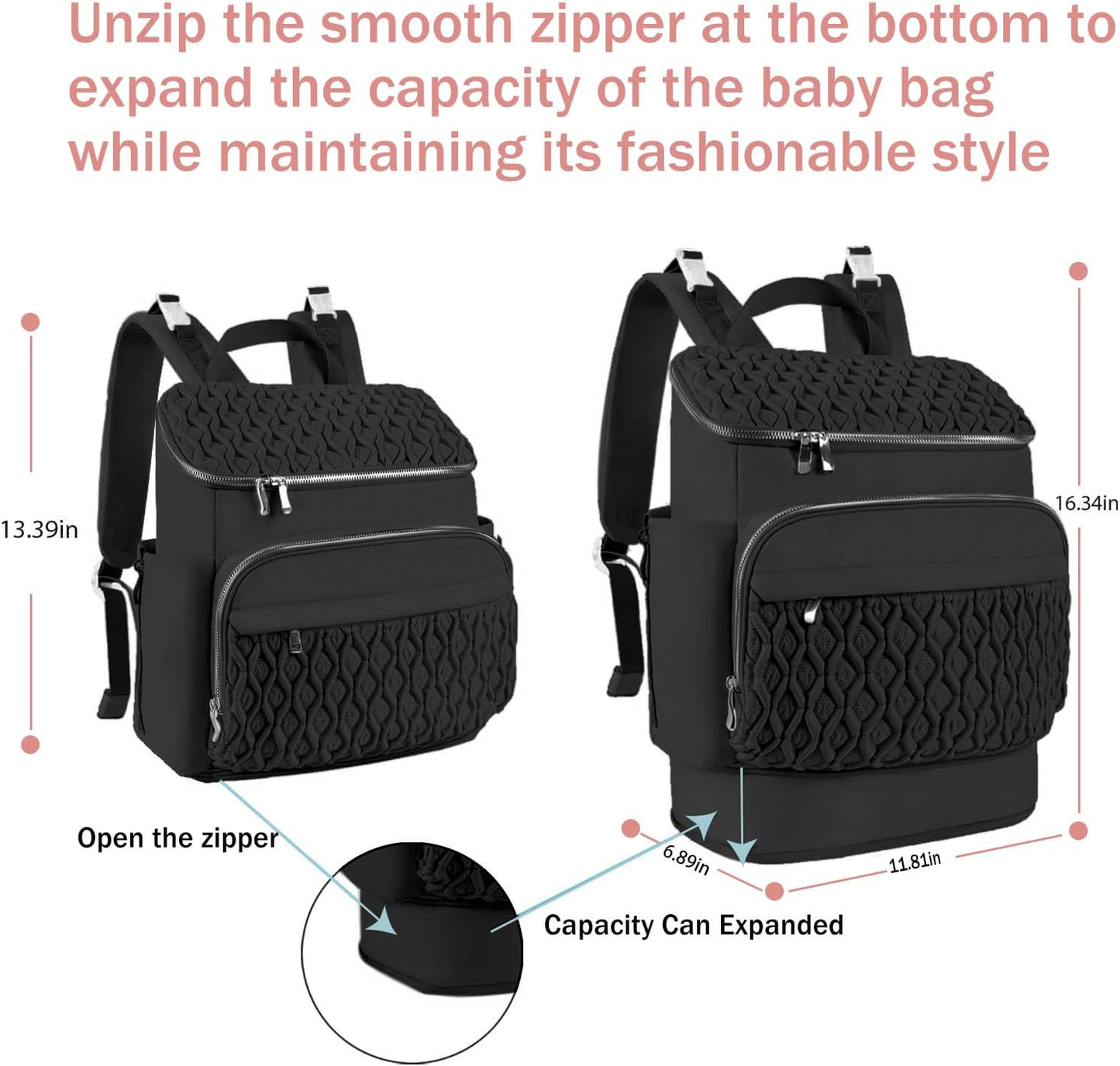 Baby Diaper Bag Backpack, Expandable Baby Bag for Girl Boy, Travel Diaper Backpack with Insulated Pocket, Changing Pad, Quilted Diaper Bag for Mom Dad, Newborn Baby Essentials Must Have Black