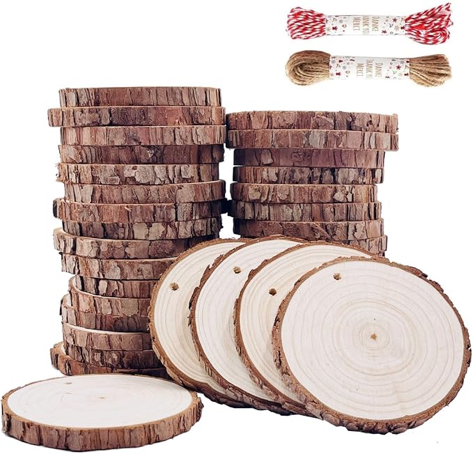 Unfinished Natural Wood Slices 32 Pcs 3.5-4 Inch Wood Coaster Sets Pieces Craft