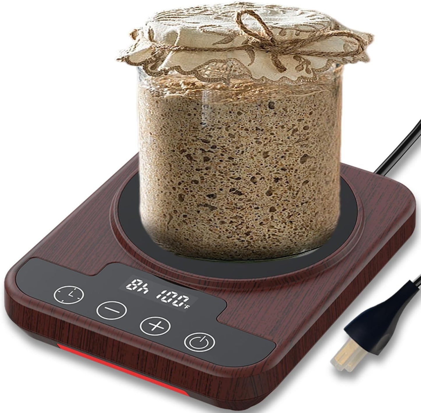 Sourdough Starter Warmer Mat, 12H Timer Warming Heating Pad, Precise 1°F Thermostat Control (70-100°F), Smart Memory Warming On/Off, Fits Jars Up to 40oz, Perfect for Home Baking (Wood)