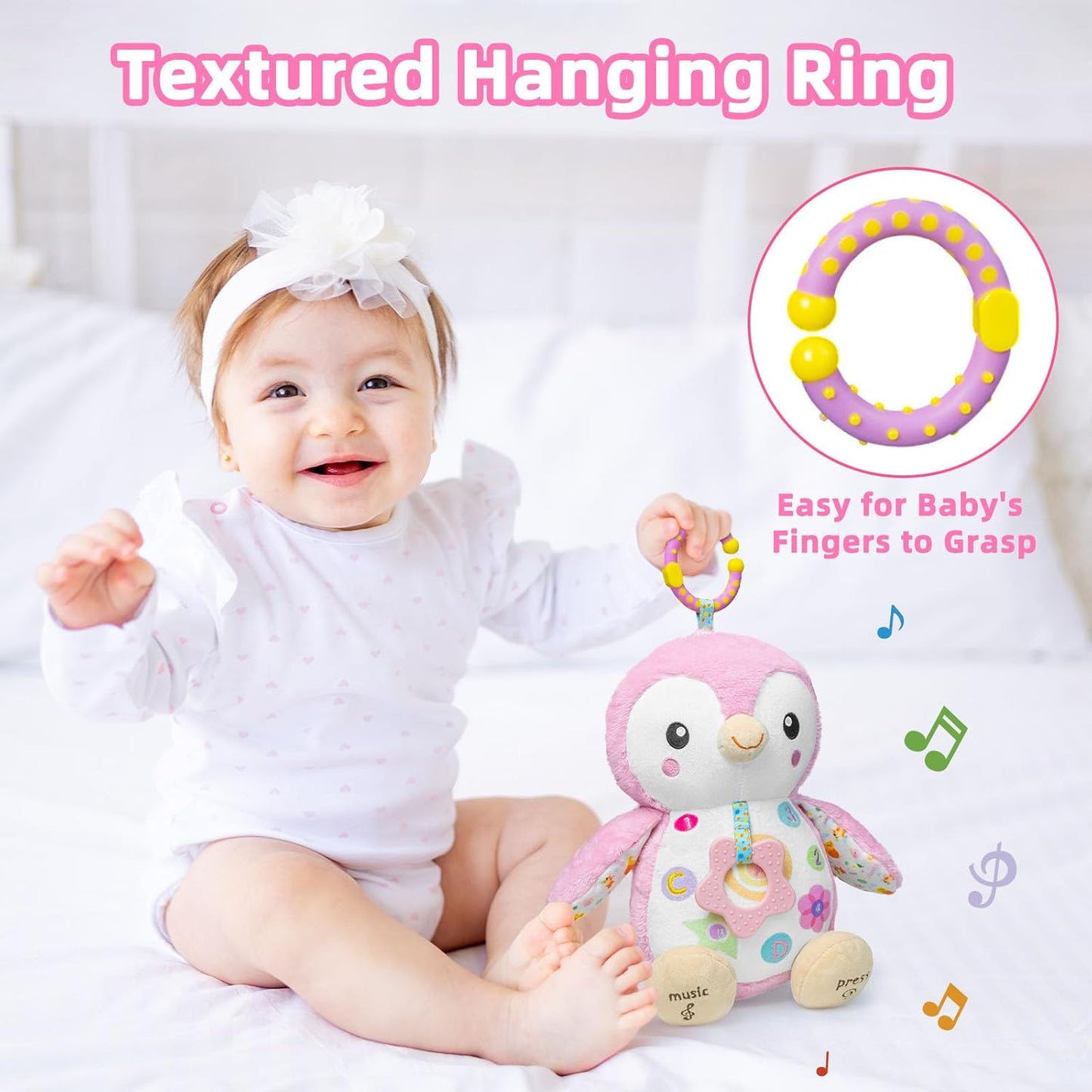 Baby Toys 0-6 Months,Musical Plush Stuffed Animal with Rattles & Crinkle Paper,Hanging Ring for Sensory Play,Tummy Time Toys for 0-12 Months Girls, Baby Girl Gift (Pink)
