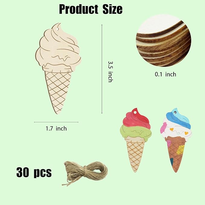30 Pcs Wooden Ice Cream Decor Unfinished Wood Crafts