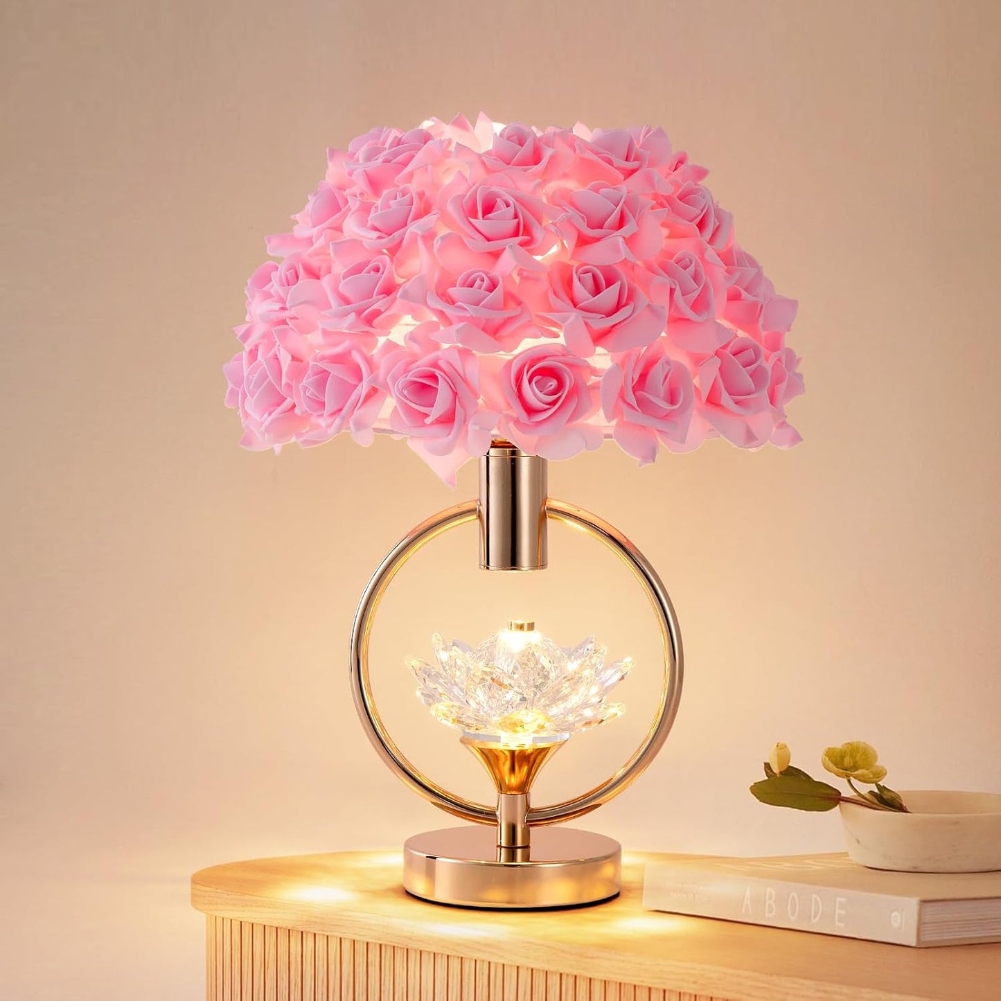 Modern Pink Rose Table Lamp with Crystal Romantic Flower Bedside Lamp Princess Nightstand Lamp Creative Desk Light for Girl Bedroom Living Room Entry Hotel Wedding 17IN