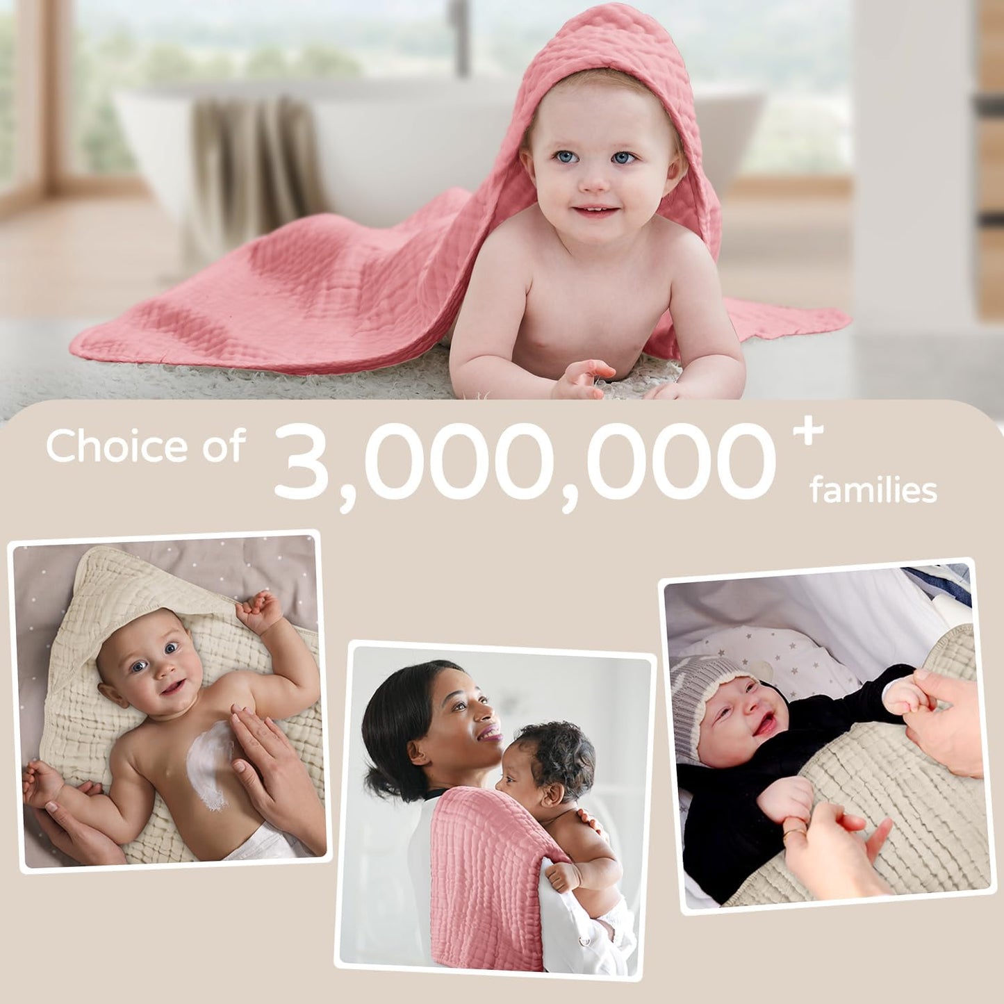 Yoofoss Hooded Baby Towels for Newborn 2 Pack 100% Muslin Organic Cotton Baby Bath Towel with Hood for Babies, Infant, Toddler and Kids, 32x32Inch, Soft and Absorbent Newborn Essential,Bge& Bean Paste