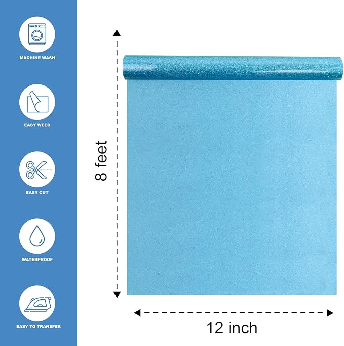 Turquoise Blue Glitter Heat Transfer Vinyl 12" x 8 ft HTV