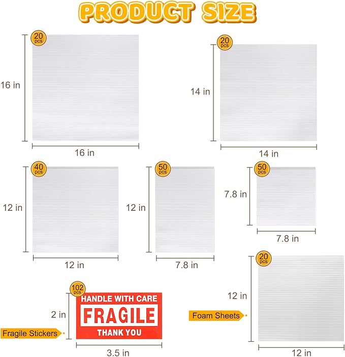 302 Pcs Packing Moving Foam Pouches & Sheets, 5 Sizes Cushion Foam Wrap Pouches