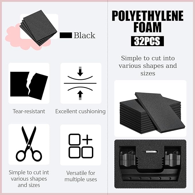 32 Pcs 12" x 8" x 0.5" Polyethylene Foam Sheets Black Foam Padding