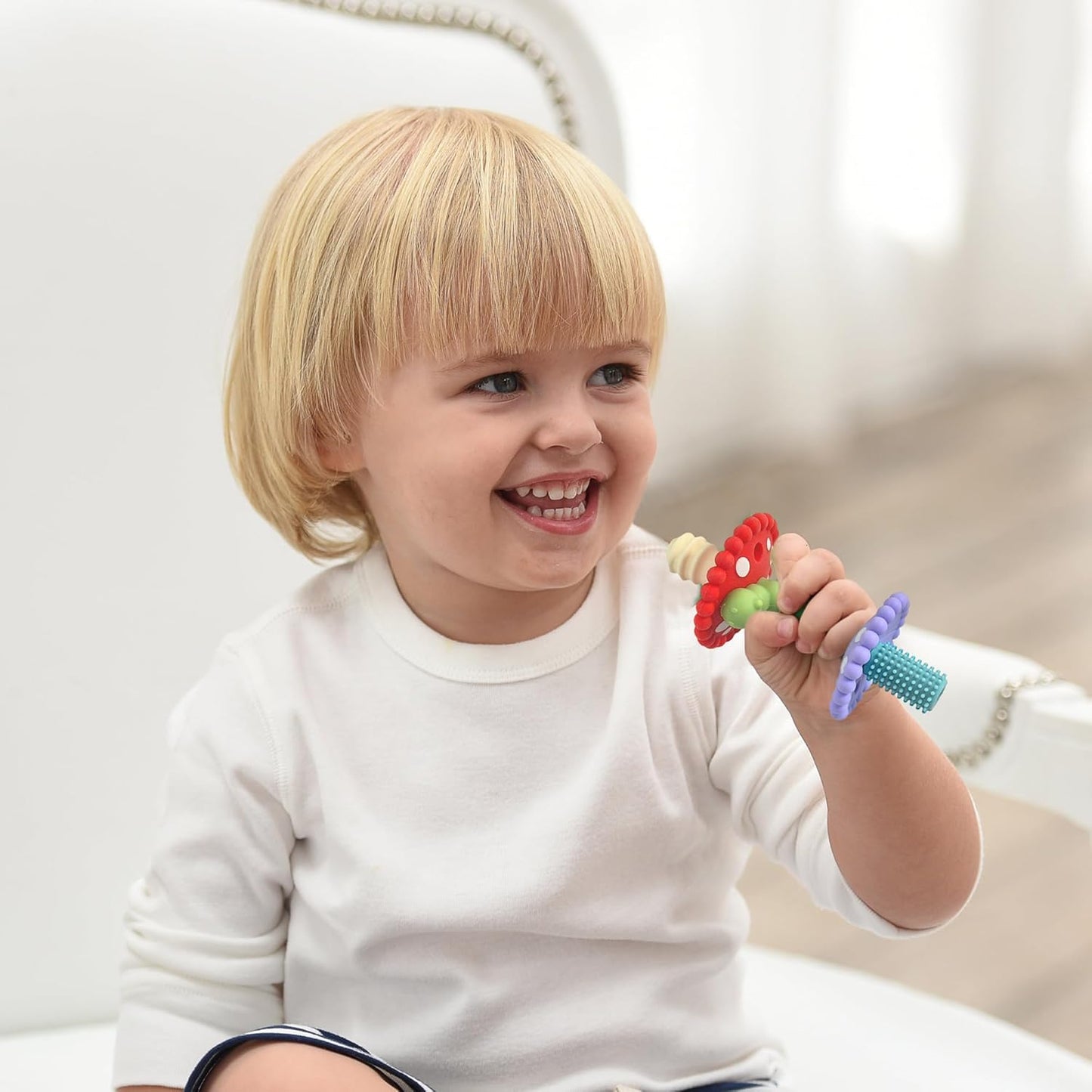 RaZbaby Chompy Teether Wand – Soft Silicone Hollow Baby Teething Tube for Front Teeth & Back Molars, Sensory Development and Multi Textured & Flexible Design, Compatible Teether (Multi Colored)