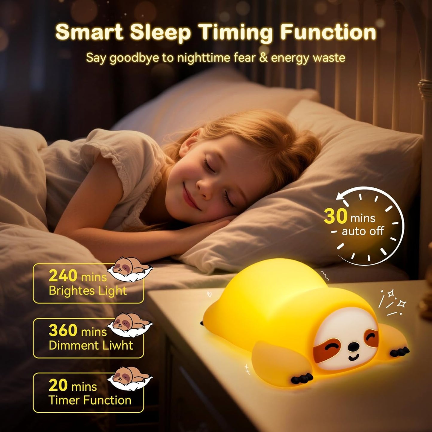 Cute Sloth Night Light for Kids, 3-Level Dimmable Nursery Nightlight, Silicone Squishy Light Up Sloth Gifts, Rechargeable Bedside Touch Lamp for Breastfeeding Toddler Baby Kids Decor