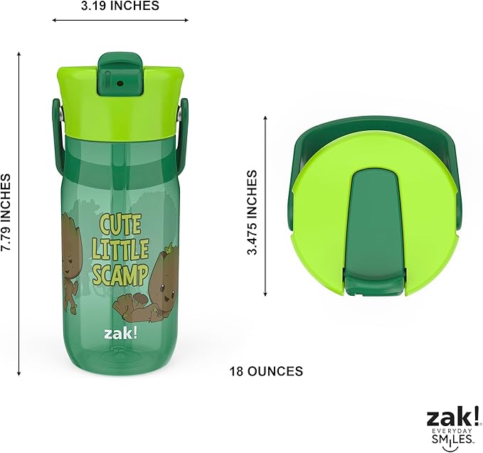 Zak Designs Harmony Marvel Groot Water Bottle for Travel or At Home, 18oz Recycled Plastic is Leak-Proof When Closed with Straw Lid and Carry Handle, 2-Pack (Groot)