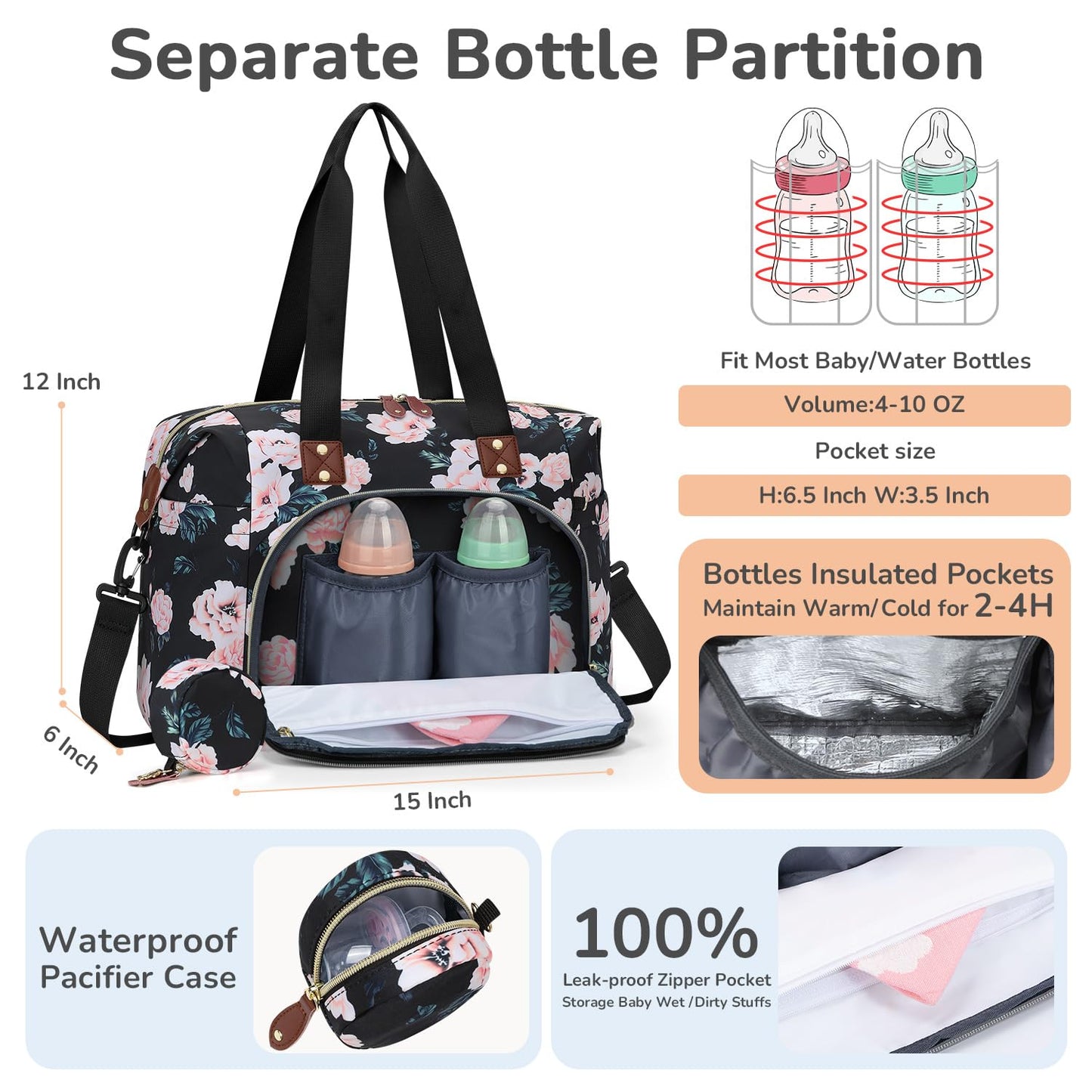Diaper Bag Tote, Baby Bag Travel Diaper Tote Bag with Pacifier Case, Cute Maternity Hospital Baby Stylish Diaper Tote for Mom Dad Medium Size, Black Pink Floral