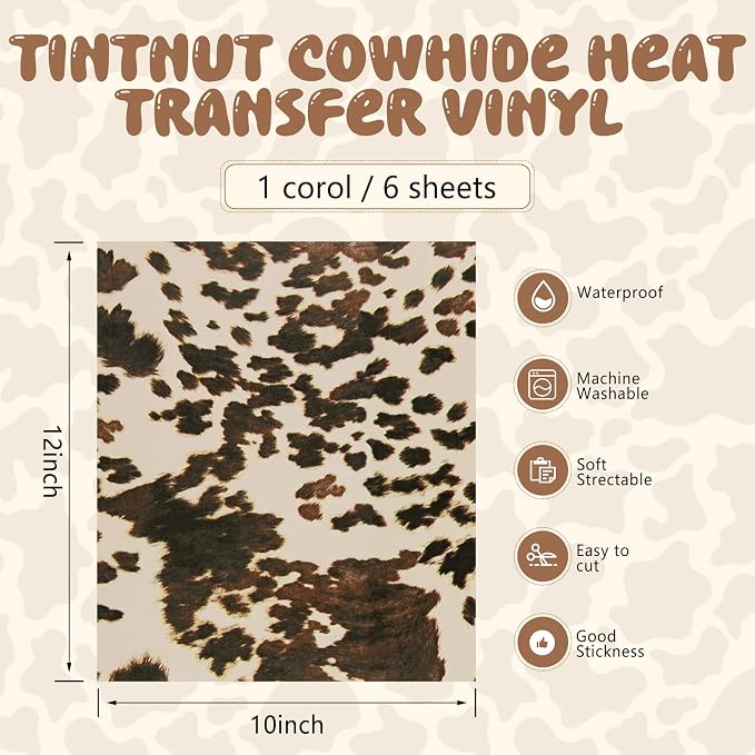Tintnut Beige Cowhide Heat Transfer Vinyl, easy cut & weed, stretch washable