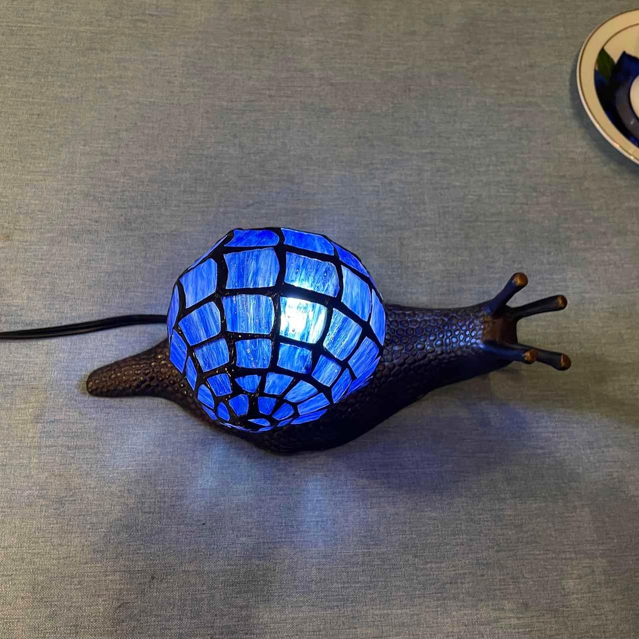 Bieye L10983 Land Snail Tiffany Style Stained Glass Accent Table Lamp for Home Decoration (Blue, 10" D x 5" W x 5" H)