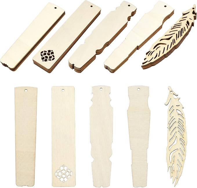 50 pcs 5 Styles Blank Theme Unfinished Wood Cutout Bookmarks Feather Flower