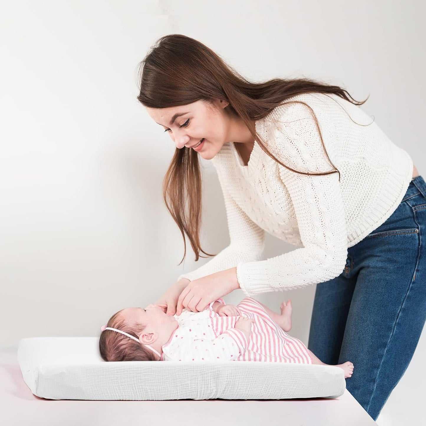 3 Pack Muslin Changing Pad Cover, Solid Changing Table Pad Cover, Soft Breathable Double Layer Boho Changing Pad Sheets Fit for Standard Changing Pad 16" x 32" (White & Sand & Brick)