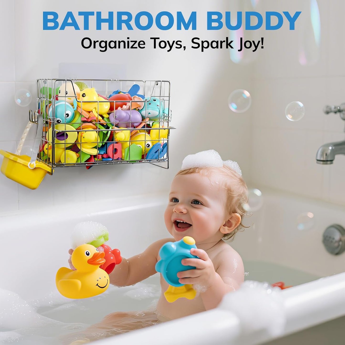 Umimile 304 Stainless Steel Bath Toy Holder - 8.6L Rustproof Baby Bathtub Toy Storage with Quick-Dry Drain Holes, Mold Resistant Design for Toys/Shampoo, 3-Way Mount (Wall, Hanging, Stand)