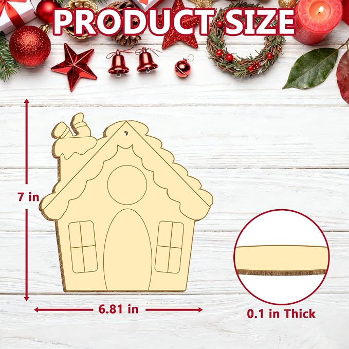 Large Size 7" Christmas Crafts for Kids Wooden Gingerbread House Ornaments