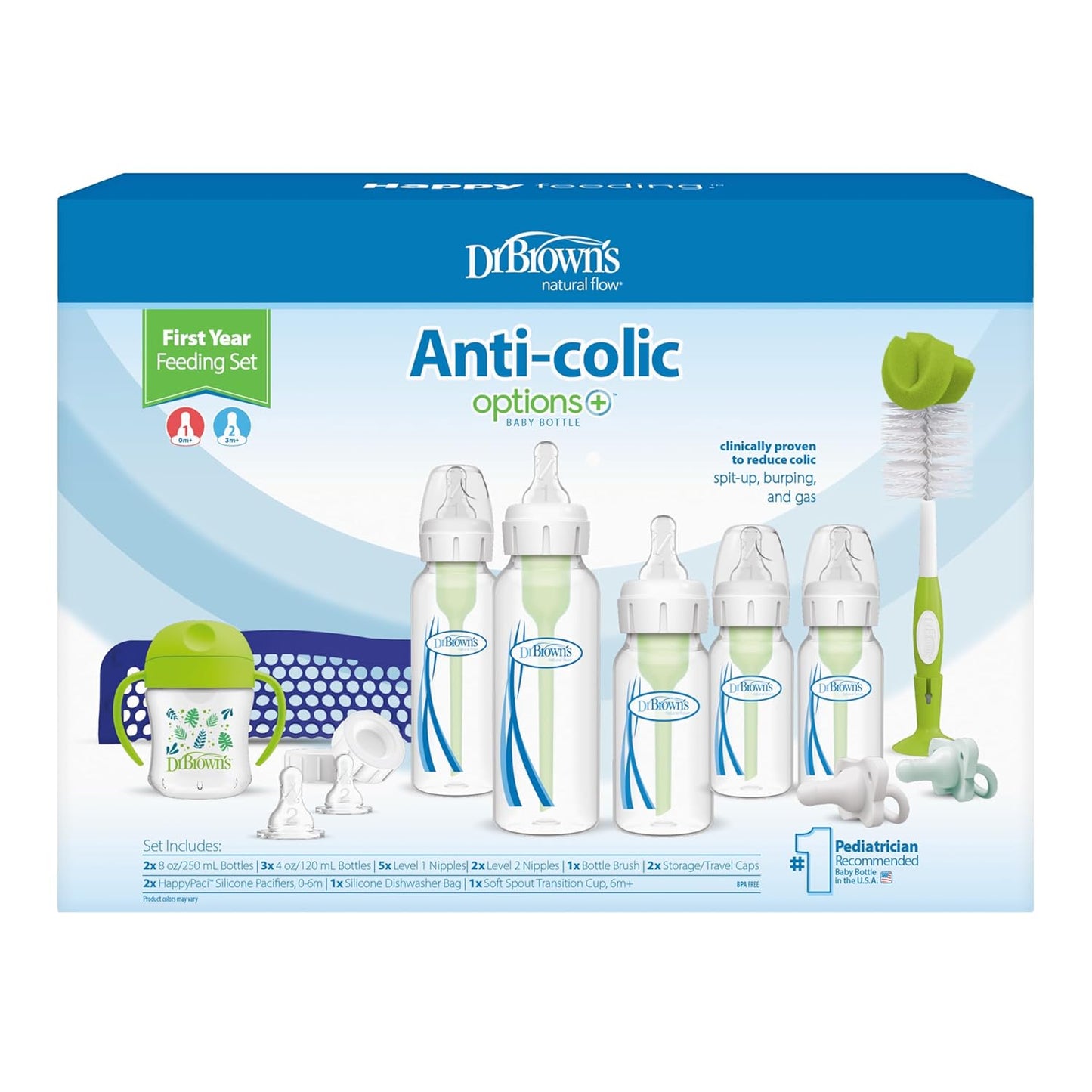 Dr. Brown's Natural Flow Baby Feeding Set with Anti-Colic Bottles, Transition Cup, Brush, and Silicone Pacifiers