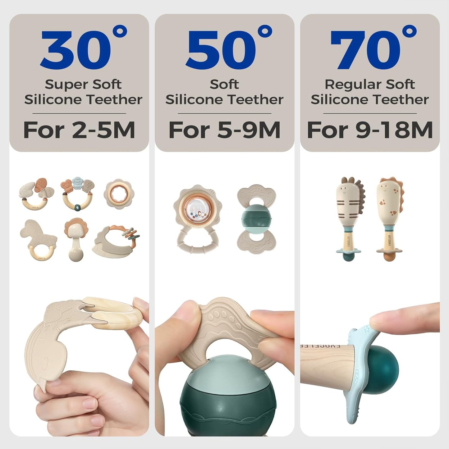 Evoceler Softness Staged Baby Teething Toys with Rattles for 0-6 Months (30° Super Soft, 50° Soft, 70° Regular) -10 Pcs Shaker Toys, Food-Grade Silicone Teethers for Babies 0-18+ Months, BPA Free