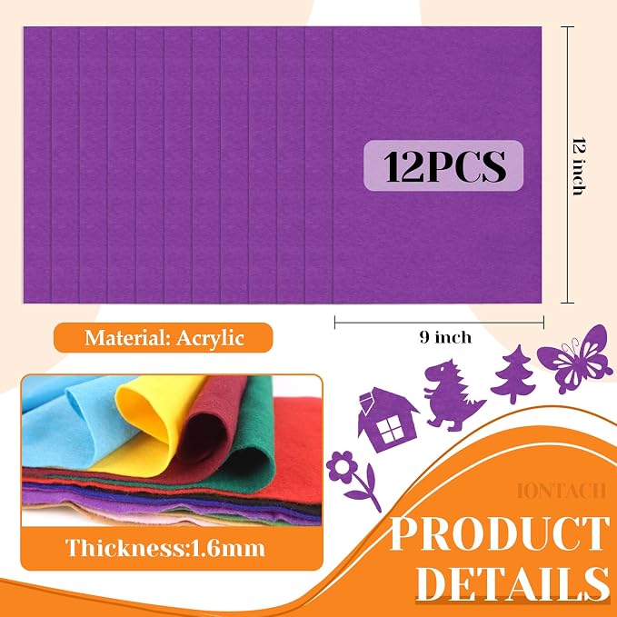 IONTACH 9" X 12" Felt Fabric Sheets 1.6mm Thick | Soft Felt