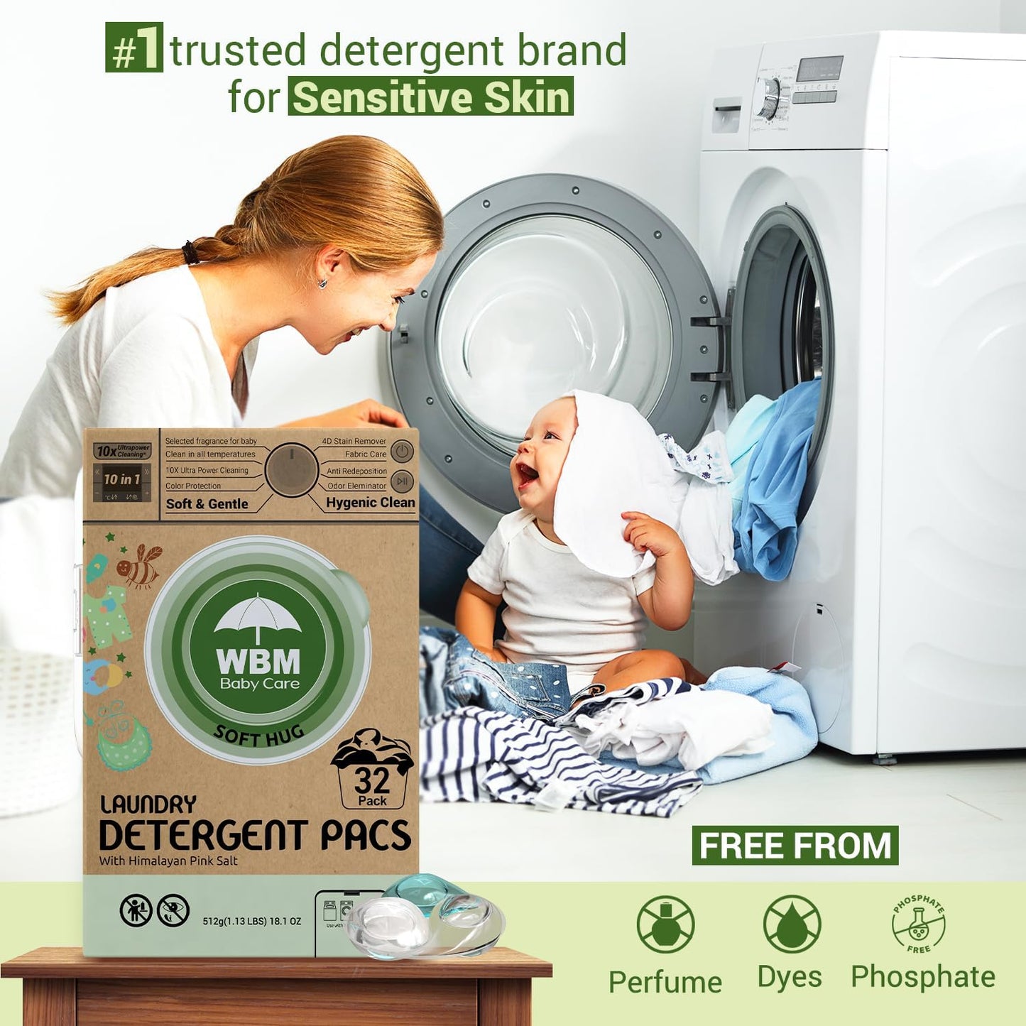 WBM Baby Care Laundry Detergent Pods, 32 Count | Laundry Pods Specially Designed For Clothes | Soft Hug Fragrance With 10x Ultra Power Cleaning