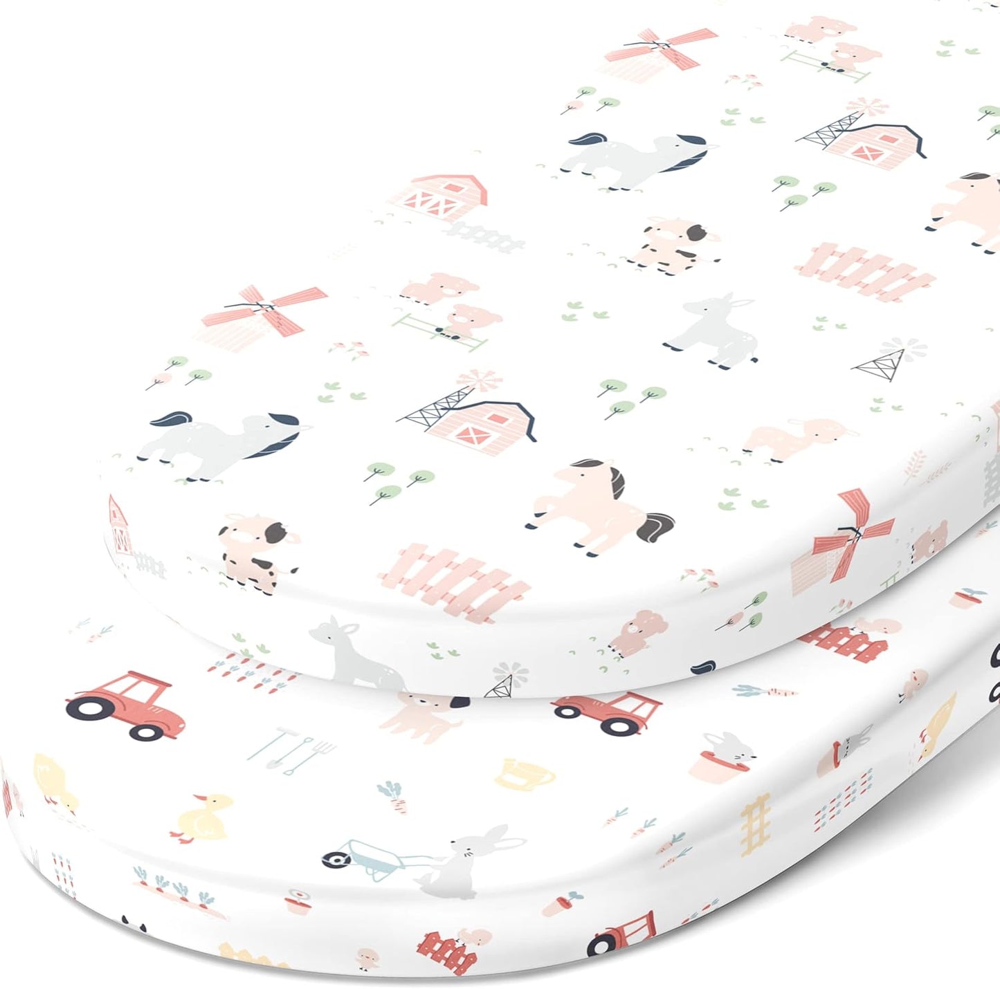 Bassinet Fitted Sheets for Chicco LullaGo Anywhere, Baby Bjorn Cradle and 14 x 29 Mattress Pad – Snuggly Soft 100% Jersey Cotton – Farm Animals – 2 Pack