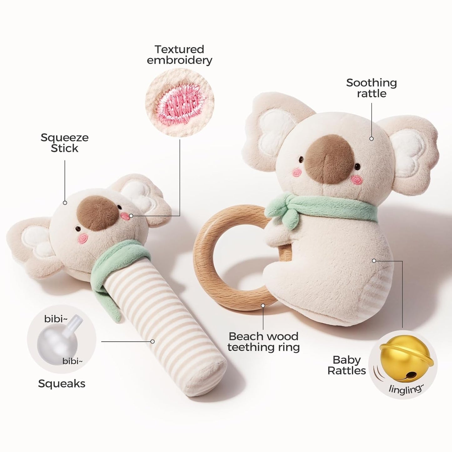 Evoceler 2 PCS Koala Rattles & Shaker Toys with Embroidered Details, Wooden Teething Ring Baby Toys, BPA-Free Sensory Toys for 0-3-6-12 Months, Squeaky Infant Toy, Ideal Baby Shower Boy Girl Gift