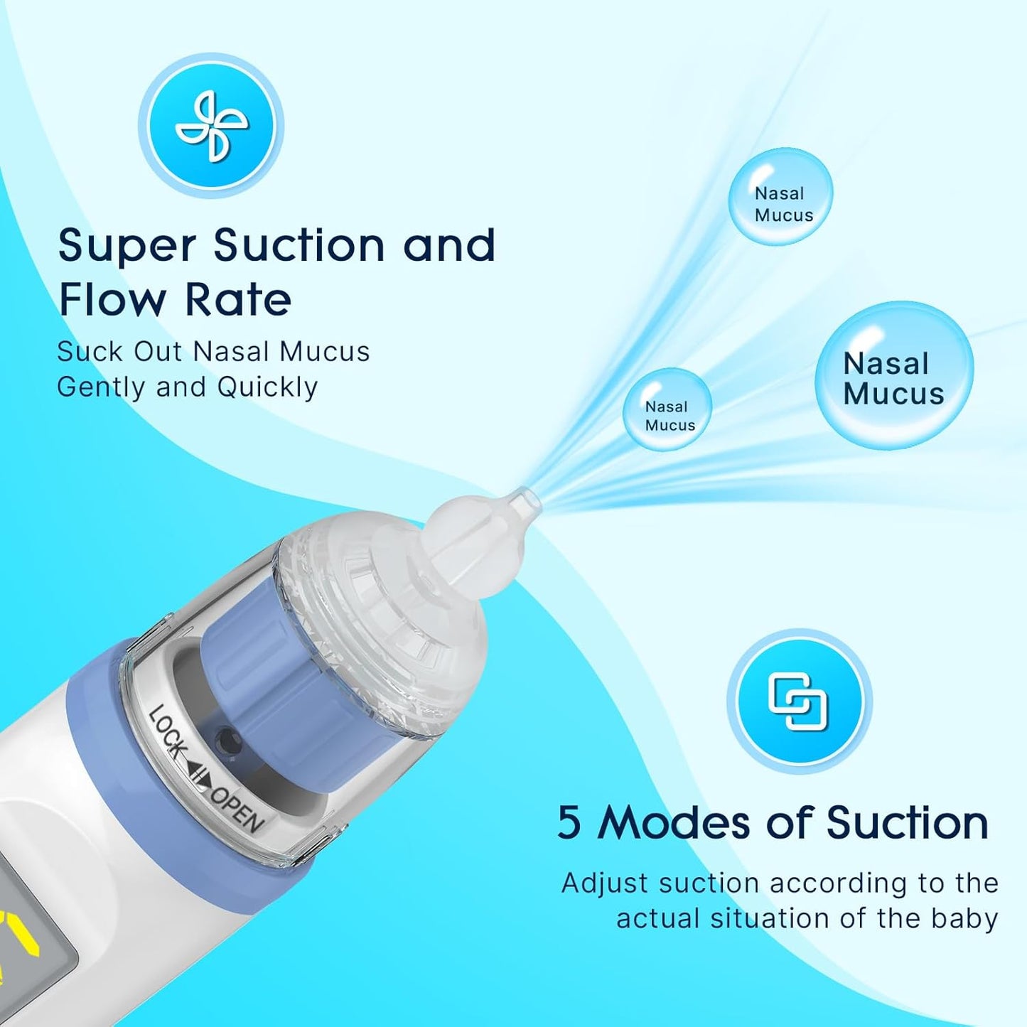 Electric Nasal Aspirator for Baby, Nose Aspirator for Toddlers, Rechargeable Baby Nose Sucker, Nose Cleaner with 3 Silicone Tips, 5 Suction Levels, Music and Light Soothing Function，Blue