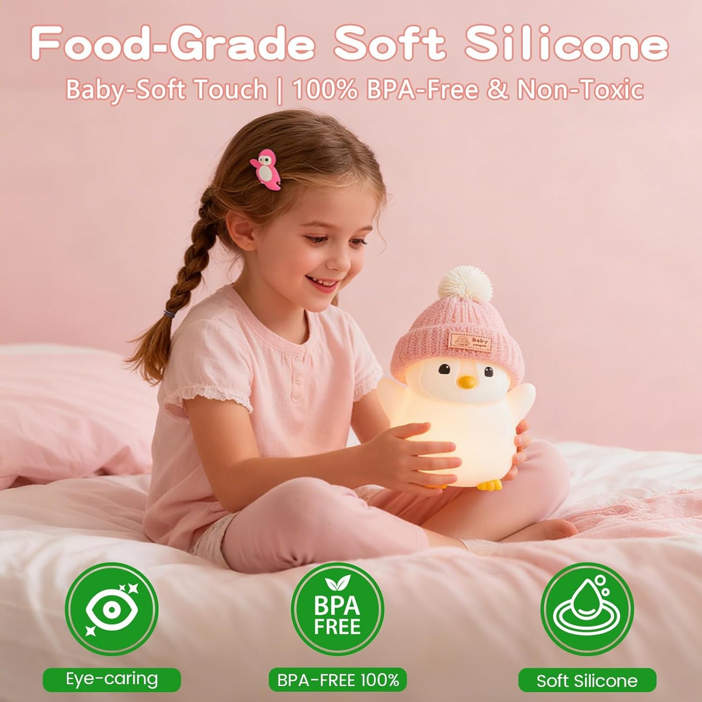 Penguin Night Light, Cute Pink Penguin Lamp with Knit Hat, Soft Silicone Nursery Nightlight for Baby, Rechargeable/Dimmable/Timer,LED Squishy Novelty Animal Bedside Lamp,Funny Gifts for Kids