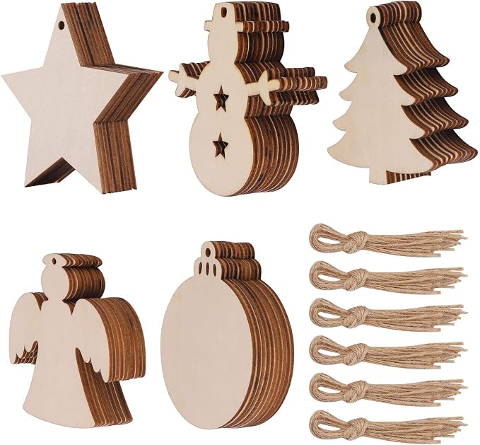 50 Pcs Unfinished Paintable Blank Wooden Christmas Festival Decoration Ornaments