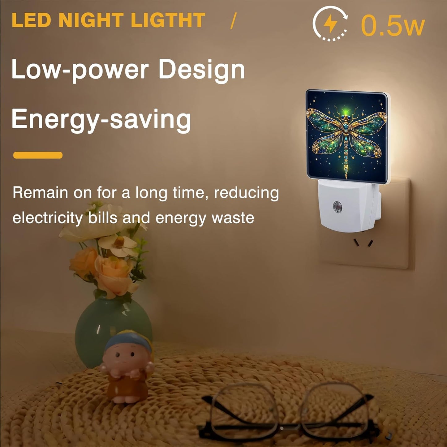 Golden Dragonfly Night Light, Plug-in Nightlight with Dusk to Dawn Auto Sensor for Home Bedroom Hallway Stairway Kitchen 0.5W Sleep Friendly Led Lamp for Women Men