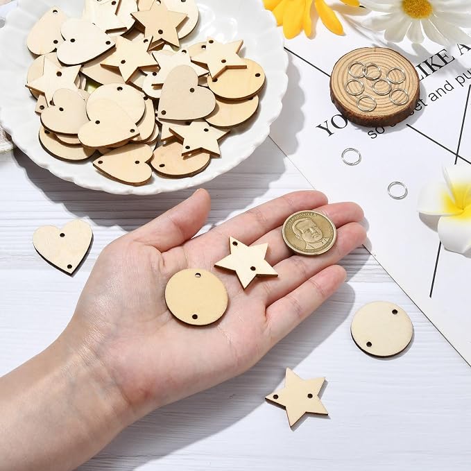 180 pcs 3 Styles Heart Star Theme Unfinished Wood Cutout Charms Flat Round