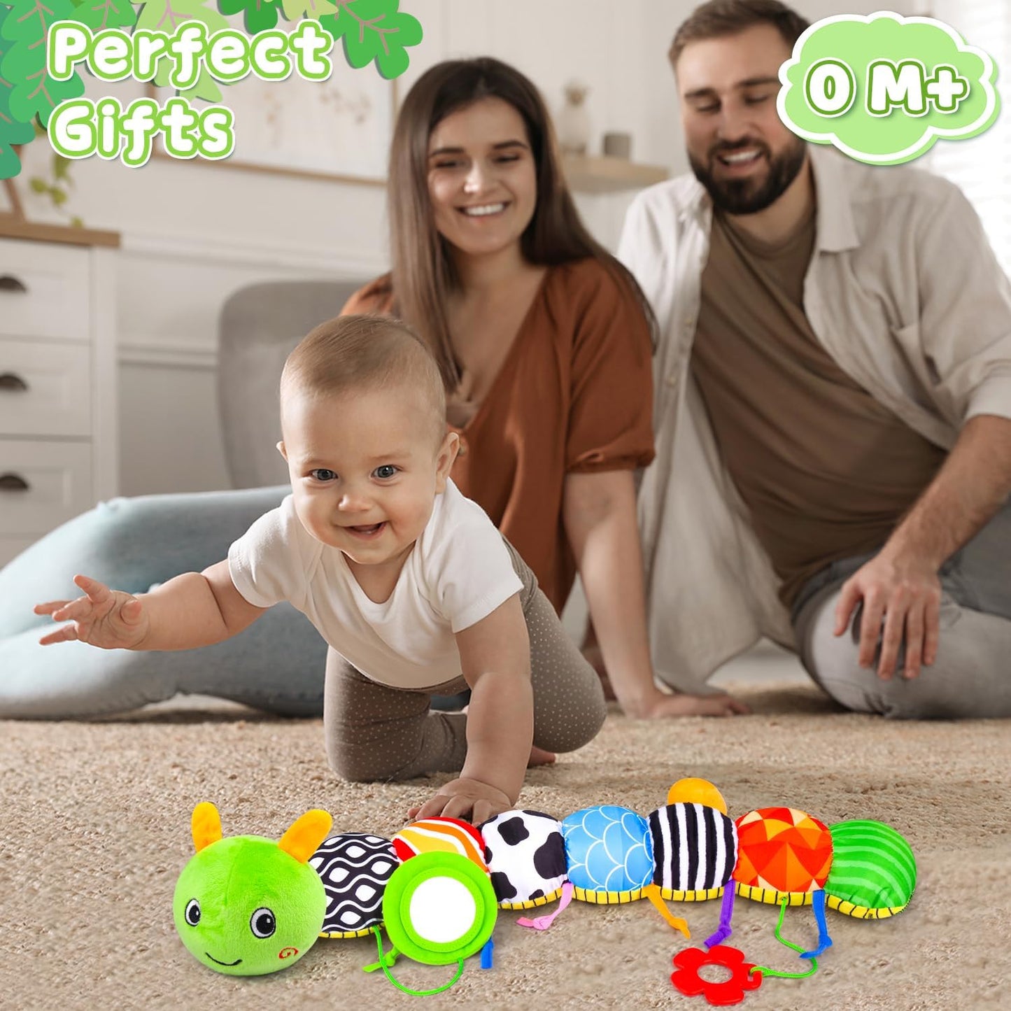 Baby Toys 0-6 6-12 Months, Stuffed Animal Infant Tummy Time Toys Sensory Toys with Crinkle, Rattles, Textures and Mirror Gifts for Newborn Boy Girls Toddlers, Caterpillar Musical Toy (Green)