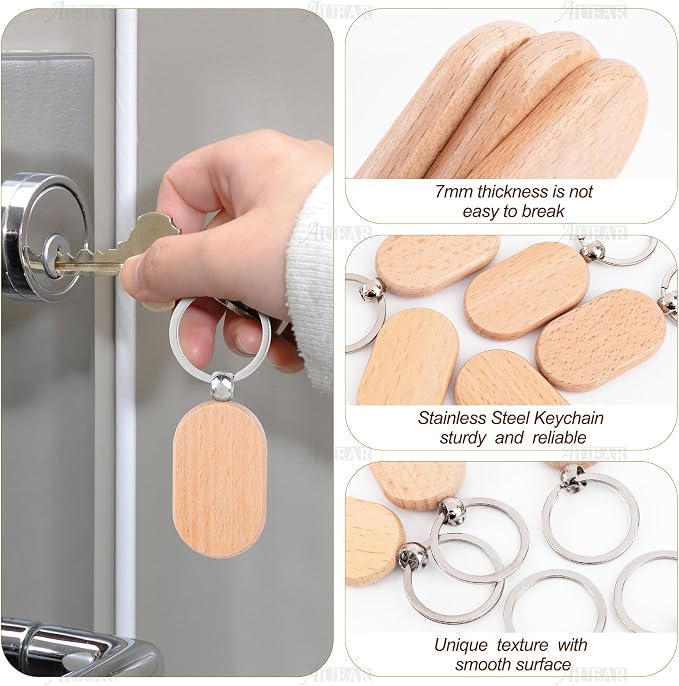 AUEAR, Blank Wooden Key Chain Wood Keychain Key Ring Key Tags Personalized EDC