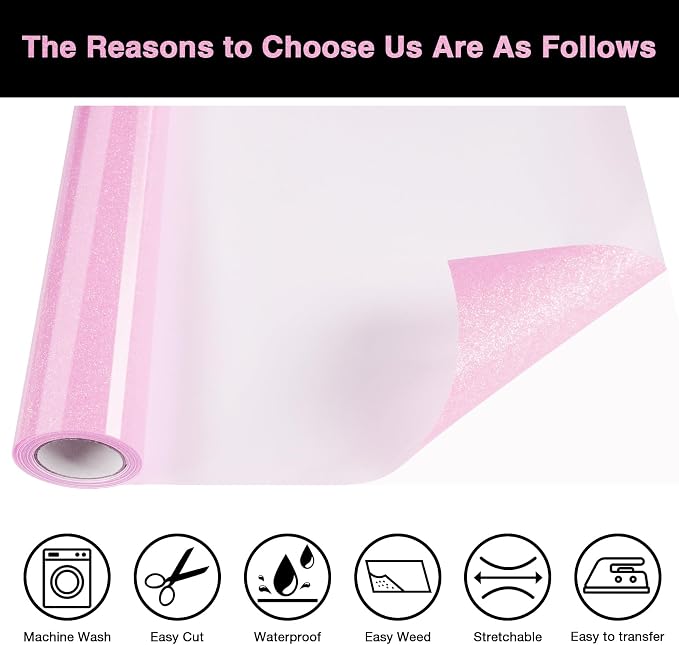 Pink Glitter HTV Heat Transfer Vinyl Roll 12inch x 5 ft