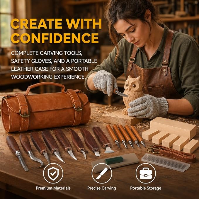 Deluxe Wood Carving Kit, High-Carbon Steel Knives, Safety Gloves, Woodworking