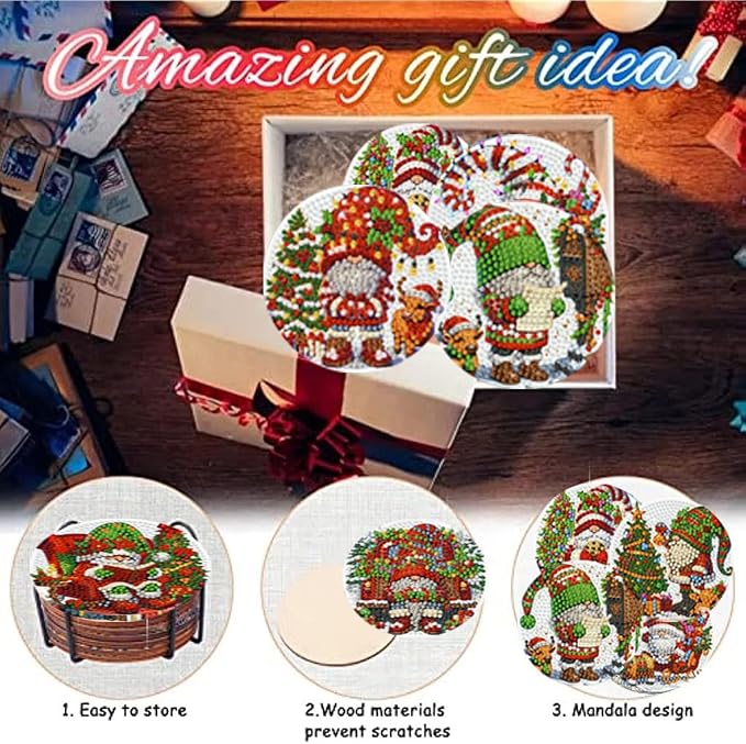 8 Pack Diamond Art Coasters, Christmas Gnome Diamond Painting Coasters Kits |