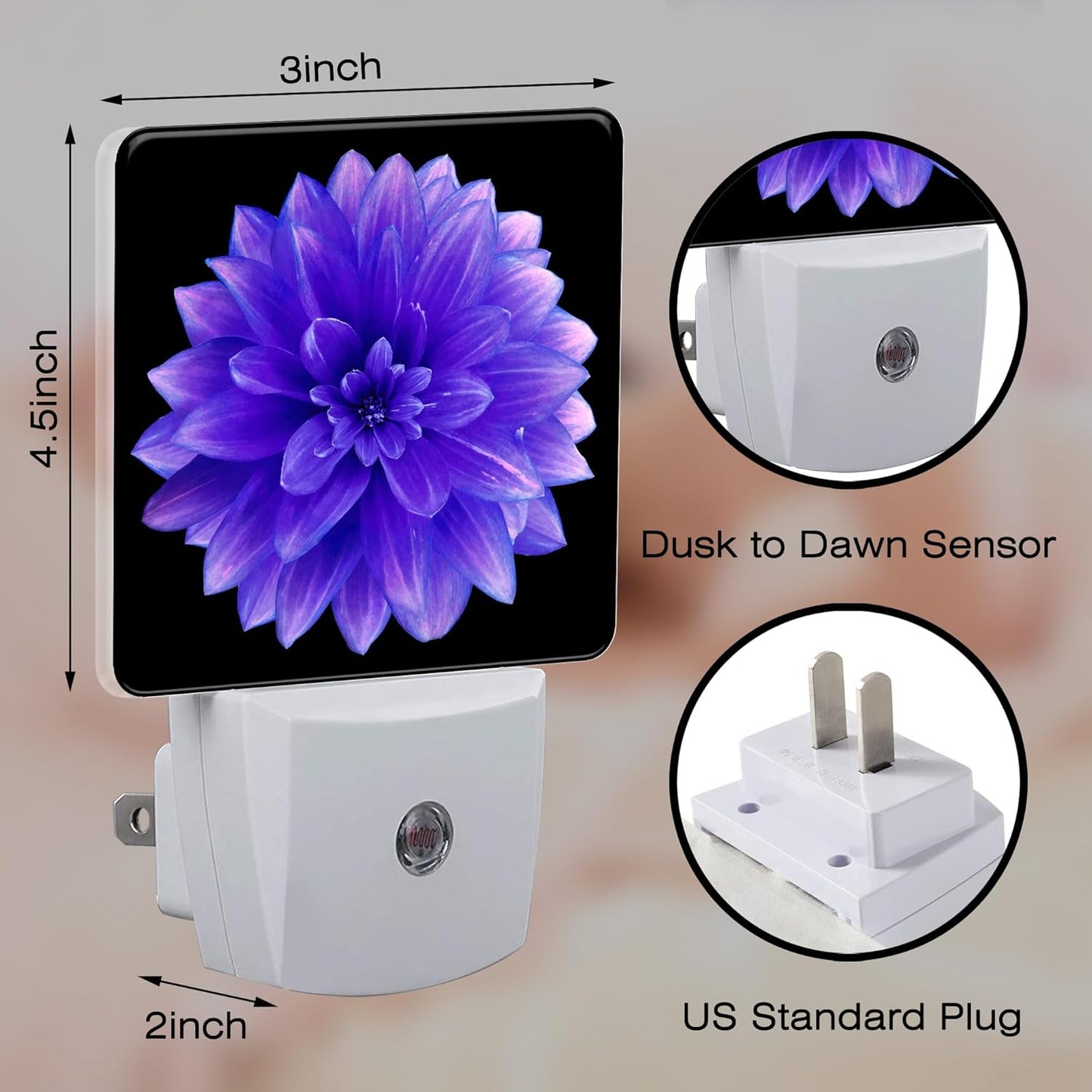 Purple Dahlia Flower Night Light for Kids, Abstract Blooming Floral Night Light Plug in with Dusk to Dawn Sensor, 0.5w Energy Saving Sleep Friendly Nightlight for Hallway Stairway Kitchen Bedroom
