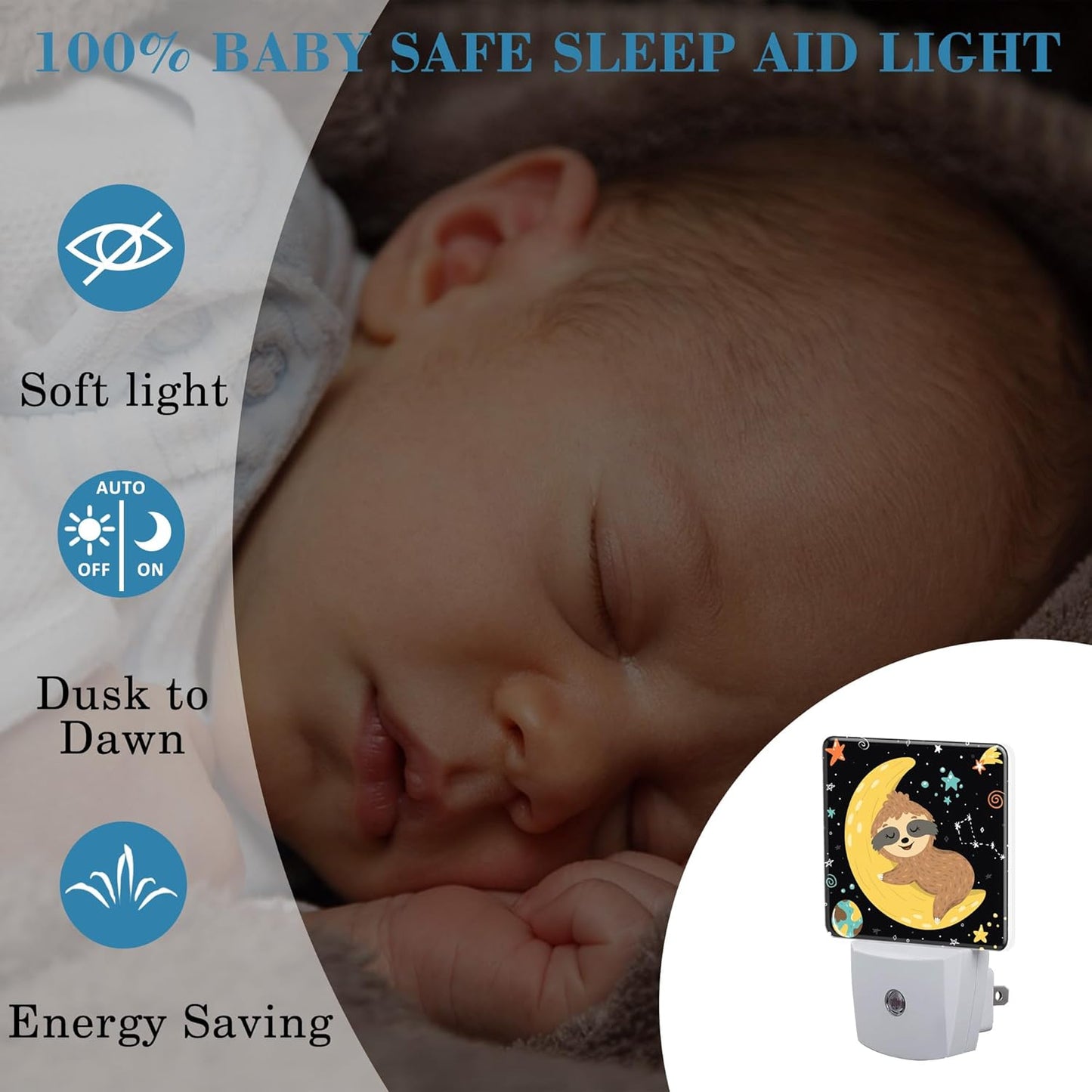 Night Light for Kids Girls Boys, Cute Baby Sloth Sleeping on Moon LED Night Light Plug into Wall with Dusk to Dawn Sensor for Room Decor, Hallway, Kitchen, Bathroom, Nursery, Stairs