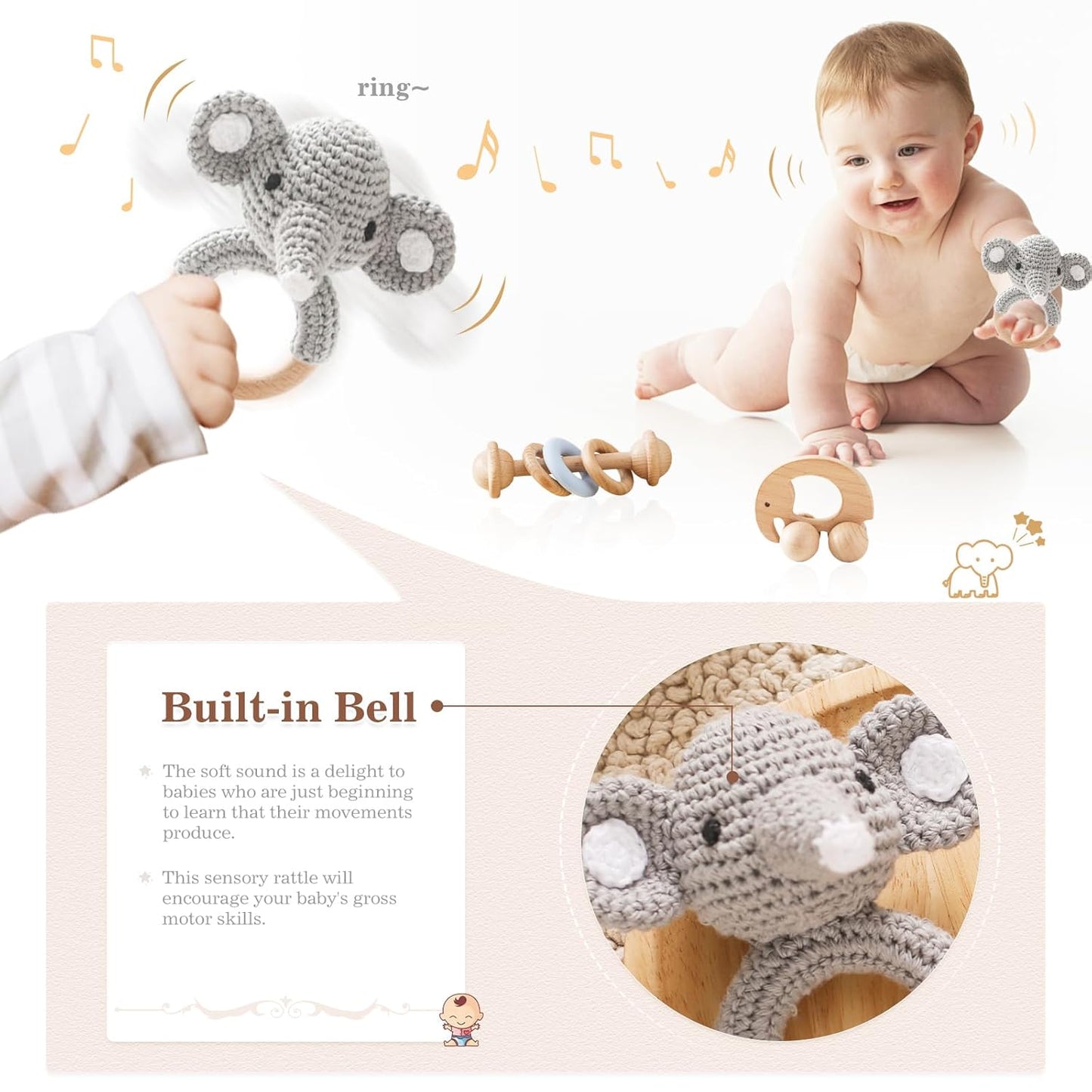 Wooden Baby Rattle 3 PCS Push Car Rattle Set Crochet Rattle Ring Wooden Montessori Toy for Newborn Infant Baby Gifts (Elephant Rattle)