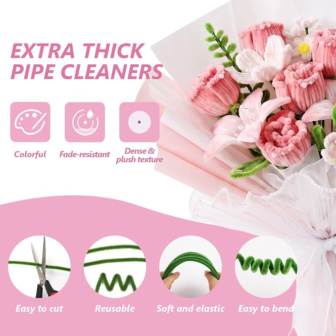 Cwczhi 600 PCS Pipe Cleaners Craft, 9 Assorted Colors Pink Pipe Cleaner Flower